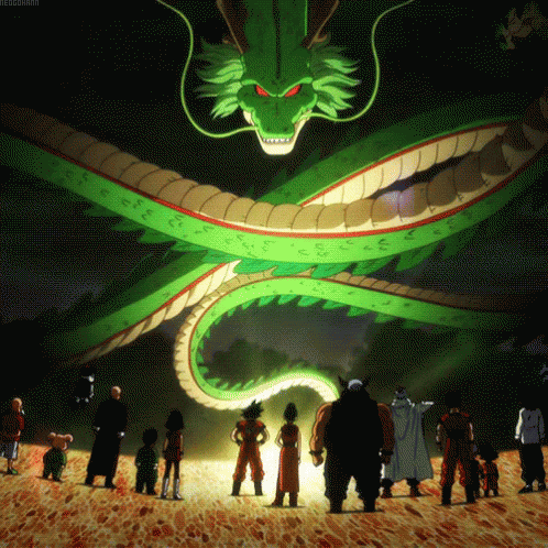 Gif of Shenron ready to receive the wishes, all the original Dragon Ball cast stand before him as adults and are illuminated by Shenron's glow